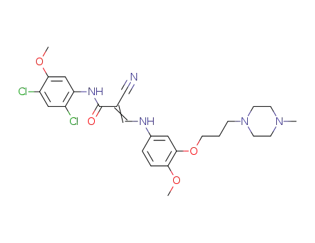 Molecular Structure of 846023-56-1 (2-Propenamide,
2-cyano-N-(2,4-dichloro-5-methoxyphenyl)-3-[[4-methoxy-3-[3-(4-methyl
-1-piperazinyl)propoxy]phenyl]amino]-)