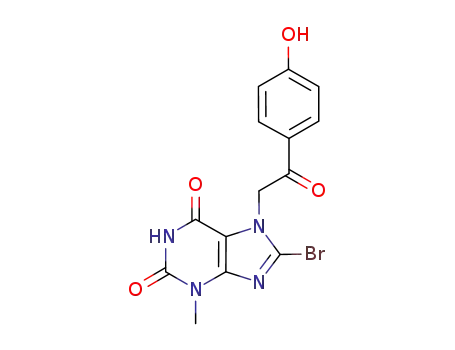 Molecular Structure of 1192215-81-8 (8-bromo-3,7-dihydro-7-[2-(4-hydroxyphenyl)-2-oxoethyl]-3-methyl-1H-purine-2,6-dione)