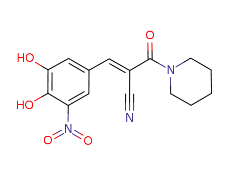 Molecular Structure of 1150310-15-8 ((alphaE)-alpha-[(3,4-Dihydroxy-5-nitrophenyl)methylene]-beta-oxo-1-piperidinepropanenitrile)