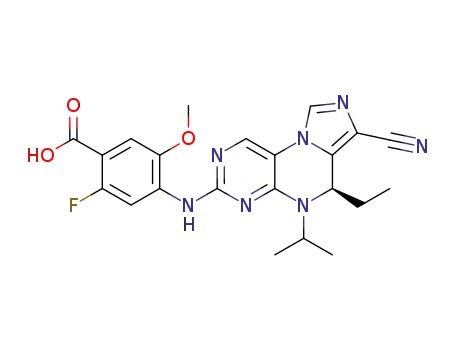 Molecular Structure of 1214265-80-1 ((R)-4-(7-cyano-6-ethyl-5-isopropyl-5,6-dihydroimidazo[1,5-f]pteridin-3-ylamino)-2-fluoro-5-methoxybenzoic acid)