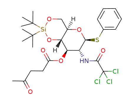 Molecular Structure of 1158796-90-7 (phenyl 4,6-O-di(tert-butyl)silylidene-1,2-dideoxy-3-O-levulinoyl-2-trichloroacetamido-1-thio-β-D-glucopyranoside)