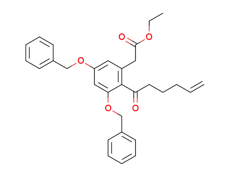 Molecular Structure of 1309953-49-8 (ethyl 2-(3,5-bis(benzyloxy)-2-(hex-5-enoyl)phenyl)acetate)