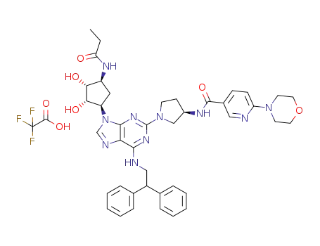 Molecular Structure of 955967-49-4 (N-{(R)-1-[9-((1R,2S,3R,4S)-2,3-dihydroxy-4-propionylaminocyclopentyl)-6-(2,2-diphenylethylamino)-9H-purin-2-yl]pyrrolidin-3-yl}-6-morpholin-4-yl-nicotinamide trifluoroacetate)