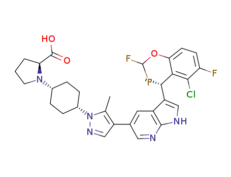 1-{cis-4-[4-(3-{(1S)-1-[2-Chloro-6-(difluoromethoxy)-3-fluorophenyl]ethyl}-1H-pyrrolo[2,3-b]pyridin-5-yl)-5-methyl-1H-pyrazol-1-yl]cyclohexyl}-L-proline