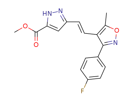 Molecular Structure of 1254966-54-5 (5-{(E)-2-[3-(4-fluoro-phenyl)-5-methyl-isoxazol-4-yl]-vinyl}-2H-pyrazole-3-carboxylic acid methyl ester)