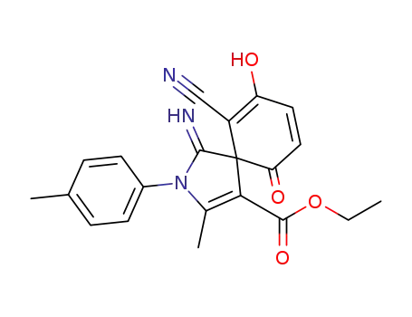 Molecular Structure of 1305344-50-6 (ethyl 6-cyano-7-hydroxy-1-imino-2-(4-tolyl)-3-methyl-10-oxo-2-aza-spiro[4.5]deca-3,6,8-triene-4-carboxylate)