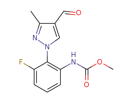 Molecular Structure of 1307314-33-5 (methyl N-[3-fluoro-2-(4-formyl-3-methyl-pyrazol-1-yl)phenyl]carbamate)