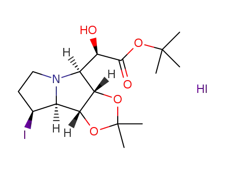 Molecular Structure of 1273232-35-1 ((1R,2S,3S,7S,7aS,1'R)-1,2-O-isopropylidene-3-(1'-hydroxy-2'-tert-butoxy-2'-oxoethyl)-7-iodooctahydropyrolizinium iodide)