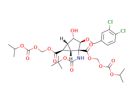 Molecular Structure of 1377990-61-8 (bis({[(1-methylethoxy)carbonyl]oxy}methyl) (1S,2R,3S,4S,5R,6R)-2-[(tert-butoxycarbonyl)amino]-3-[(3,4-dichlorobenzyl)oxy]-4-hydroxybicyclo[3.1.0]hexane-2,6-dicarboxylate)