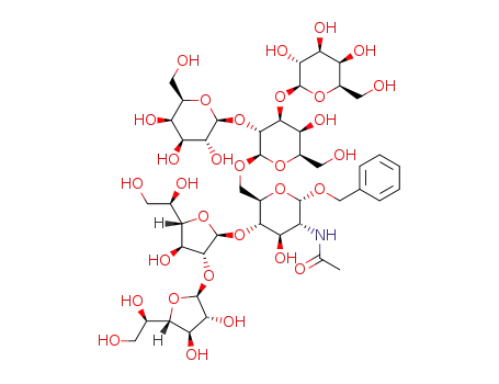 Molecular Structure of 1392435-02-7 (benzyl β-D-galactopyranosyl-(1->2)-[β-D-galactopyranosyl-(1->3)]-β-D-galactopyranosyl-(1->6)-[β-D-galactofuranosyl-(1->2)-β-D-galactofuranosyl-(1->4)]-2-acetamido-2-deoxy-α-D-glucopyranoside)