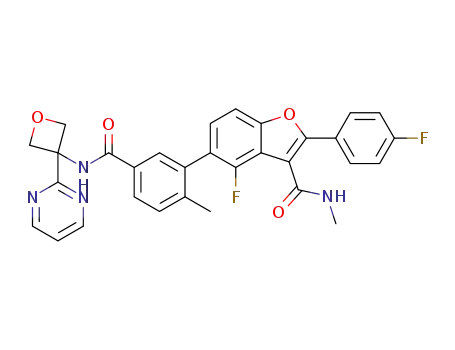 4-fluoro-2-(4-fluorophenyl)-N-methyl-5-(2-methyl-5-(3-(pyrimidin-2-yl)oxetan-3-ylcarbamoyl)phenyl)benzofuran-3-carboxamide
