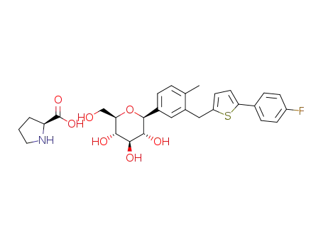 Molecular Structure of 1409936-68-0 (L-proline-(2S,3R,4R,5S,6R)-2-{3-[5-(4-fluoro-phenyl)-thiophen-2-ylmethyl]-4-methyl-phenyl}-6-hydroxymethyl-tetrahydro-pyran-3,4,5-triol)