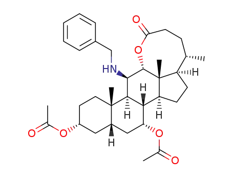 Molecular Structure of 1398103-90-6 (methyl 3α,7α-diacetyl-11β-benzylamino-12α-oxo-5β,17β-cholan-24-one)