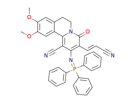 Molecular Structure of 1463869-04-6 ((E)-3-(2-cyanovinyl)-9,10-dimethoxy-4-oxo-2-((triphenylphosphoranylidene)-amino)-6,7-dihydro-4H-pyrido[2,1-a]isoquinoline-1-carbonitrile)