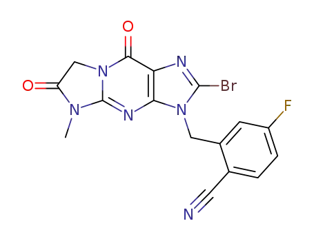 Molecular Structure of 1417715-74-2 (2-(2-bromo-5-methyl-6,9-dioxo-5,6,7,9-tetrahydro-1H-imidazo[1,2-a]purin-1-yl)methyl-4-fluorobenzonitrile)
