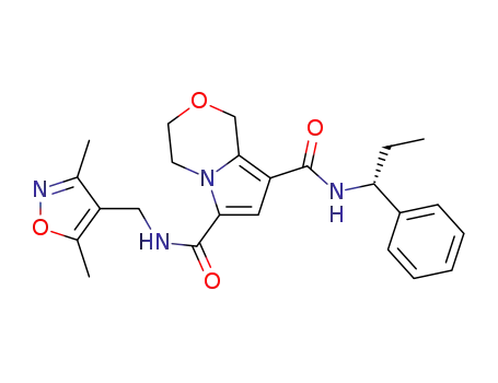 3,4-dihydro-1H-pyrrolo[2,1-c][1,4]oxazine-6,8-dicarboxylic acid 6-[(3,5-dimethylisoxazol-4-ylmethyl)amide] 8-[((R)-1-phenylpropyl)amide]