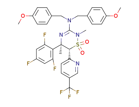 Molecular Structure of 1286794-22-6 (6(R)-[5-(trifluoromethyl)-2-pyridyl]-5R-(2,4,6-trifluorophenyl)-5,6-dihydro-N,N-bis[(4-methoxyphenyl)methyl]-2,5-dimethyl-2H-1,2,4-thiadiazin-3-amine-1,1-dioxide)