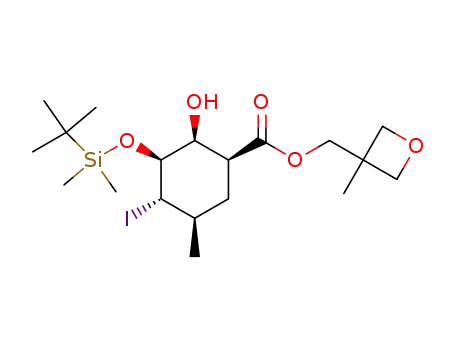 Molecular Structure of 126019-23-6 ((1R<sup>*</sup>,2R<sup>*</sup>,3R<sup>*</sup>,4R<sup>*</sup>,5S<sup>*</sup>)-(3-methyl-3-oxetanyl)methyl 3-<(tert-butyldimethylsilyl)oxy>-2-hydroxy-4-iodo-5-methyl-cyclohexanecarboxylate)