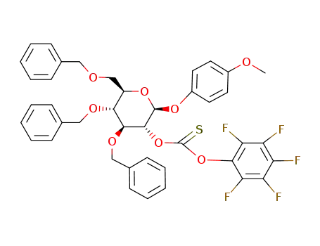 Molecular Structure of 135192-47-1 (4-methoxyphenyl 3,4,6-tri-O-benzyl-2-O-<(pentafluorophenoxy)thiocarbonyl>-β-D-glucopyranoside)