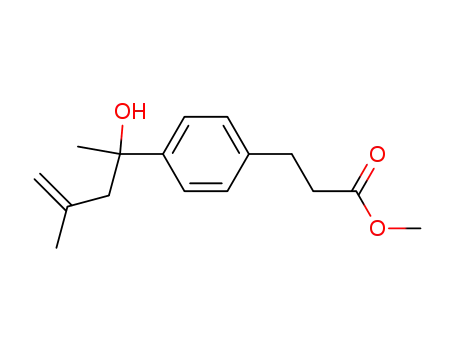 Molecular Structure of 91671-18-0 (Benzenepropanoic acid, 4-(1-hydroxy-1,3-dimethyl-3-butenyl)-, methyl
ester)