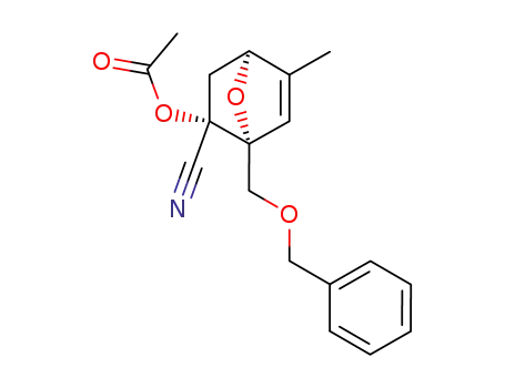 Molecular Structure of 142041-32-5 (endo-2-acetoxy-5-methyl-1-<(phenylmethoxy)methyl>-7-oxabicyclo<2.2.1>hept-5-ene-2-carbonitrile)