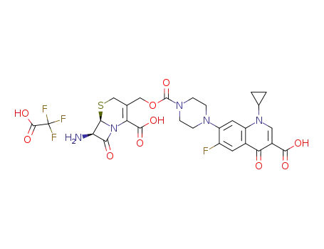 Molecular Structure of 135327-68-3 ((6R-trans)-7-amino-3-<<<<4-(3-carboxy-1-cyclopropyl-6-fluoro-1,4-dihydro-4-oxo-7-quinolinyl)-1-piperazinyl>carbonyl>oxy>methyl>-8-oxo-5-thia-1-azabicyclo<4.2.0>oct-2-ene-2-carboxylic acid trifluoroacetic acid salt)