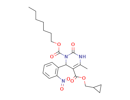 Molecular Structure of 110448-23-2 (1,5(2H)-Pyrimidinedicarboxylic acid,
3,6-dihydro-4-methyl-6-(2-nitrophenyl)-2-oxo-, 5-(cyclopropylmethyl)
1-heptyl ester)