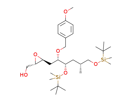 Molecular Structure of 1313511-88-4 (((2S,3S)-3-((2S,3S,5R)-3,6-bis((tert-butyldimethylsilyl)oxy)-2-((4-methoxybenzyl)oxy)-5-methylhexyl)oxiran-2-yl)methanol)