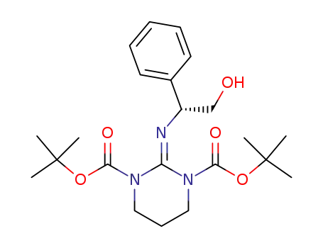 Molecular Structure of 557089-72-2 (1,3(2H,4H)-Pyrimidinedicarboxylic acid,
dihydro-2-[[(1R)-2-hydroxy-1-phenylethyl]imino]-, bis(1,1-dimethylethyl)
ester)