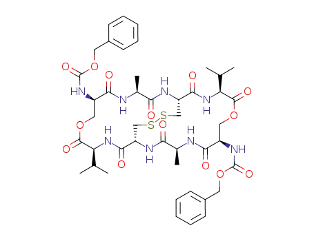 Molecular Structure of 63520-00-3 (dibenzyl [4,17-dimethyl-3,6,10,13,16,19,23,26-octaoxo-11,24-di(propan-2-yl)-9,22-dioxa-28,29-dithia-2,5,12,15,18,25-hexaazabicyclo[12.12.4]triacontane-7,20-diyl]biscarbamate)