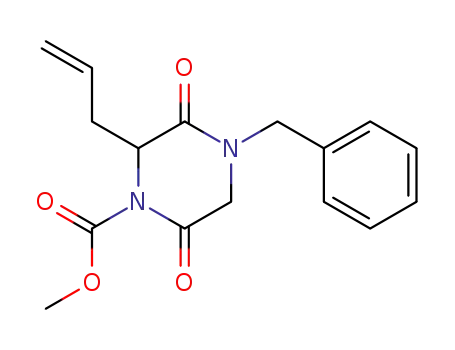 Molecular Structure of 561303-40-0 (1-Piperazinecarboxylic acid,
3,6-dioxo-4-(phenylmethyl)-2-(2-propenyl)-, methyl ester)