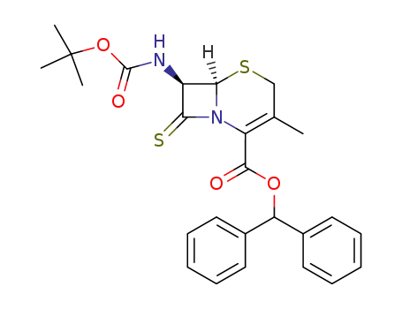 Molecular Structure of 655239-38-6 (5-Thia-1-azabicyclo[4.2.0]oct-2-ene-2-carboxylic acid,
7-[[(1,1-dimethylethoxy)carbonyl]amino]-3-methyl-8-thioxo-,
diphenylmethyl ester, (6R,7S)-)