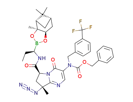 Molecular Structure of 437761-09-6 ({(6S,8R)-8-Azido-8-methyl-4-oxo-6-[(R)-1-((1S,2S,6R,8S)-2,9,9-trimethyl-3,5-dioxa-4-bora-tricyclo[6.1.1.0<sup>2,6</sup>]dec-4-yl)-propylcarbamoyl]-4,6,7,8-tetrahydro-pyrrolo[1,2-a]pyrimidin-3-yl}-(3-trifluoromethyl-benzyl)-carbamic acid benzyl ester)