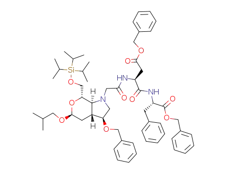 Molecular Structure of 871483-74-8 ((S)-N-((S)-1-Benzyloxycarbonyl-2-phenyl-ethyl)-3-[2-((3S,3aR,5S,7S,7aS)-3-benzyloxy-5-isobutoxy-7-triisopropylsilanyloxymethyl-hexahydro-pyrano[3,4-b]pyrrol-1-yl)-acetylamino]-succinamic acid benzyl ester)