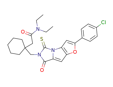 Molecular Structure of 898552-55-1 (2-{1-[2-(4-chloro-phenyl)-6-oxo-4-thioxo-6H-1-oxa-3b,5-diaza-cyclopenta[a]pentalen-5-ylmethyl]-cyclohexyl}-N,N-diethyl-acetamide)