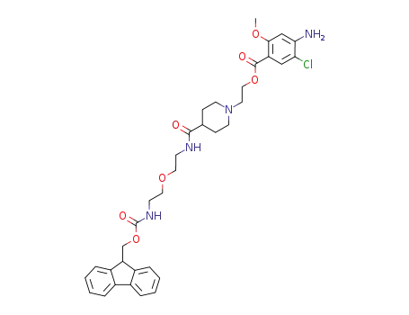 Molecular Structure of 868599-10-4 (4-amino-5-chloro-2-methoxy-benzoic acid 2-(4-{2-[2-(9<i>H</i>-fluoren-9-ylmethoxycarbonylamino)-ethoxy]-ethylcarbamoyl}-piperidin-1-yl)-ethyl ester)