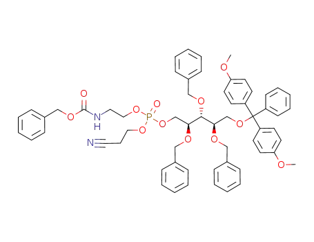 Molecular Structure of 909556-47-4 ([(N-benzyloxycarbonyl)-2-aminoethyl] 2-cyanoethyl [2,3,4-tri-O-benzyl-5-O-(4,4'-dimethoxytrityl)-1-D-ribityl] phosphate)