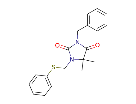 Molecular Structure of 873193-16-9 (2,4-Imidazolidinedione,
5,5-dimethyl-3-(phenylmethyl)-1-[(phenylthio)methyl]-)