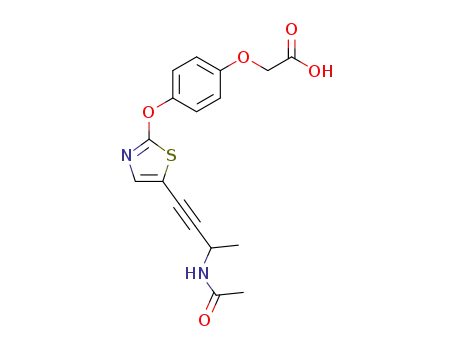 Molecular Structure of 916795-86-3 (Acetic acid,
2-[4-[[5-[3-(acetylamino)-1-butyn-1-yl]-2-thiazolyl]oxy]phenoxy]-)