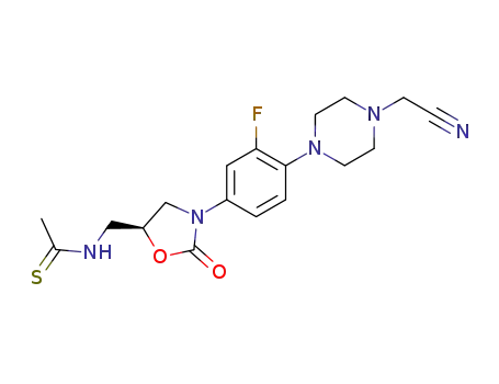 Molecular Structure of 887275-12-9 ((S)-N-[[3-[3-fluoro-4-[4-(cyanomethyl)-1-piperazinyl]phenyl]-2-oxo-5-oxazolidinyl]methyl]thioacetamide)