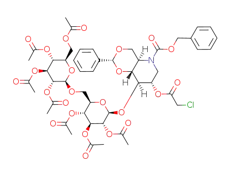 3-O-[2,3,4,6-tetra-O-acetyl-β-D-glucopyranosyl-(1->6)-2,4,6-tri-O-acetyl-β-D-glucopyranosyl]-4,6-O-benzylidene-N-benzyloxycarbonyl-2-O-chloroacetyl-1,5-dideoxy-1,5-imino-D-glucitol