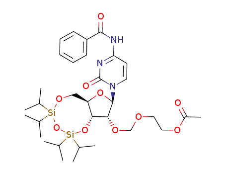 Molecular Structure of 933063-81-1 (1-{2-O-[(2-acetoxyethoxy)methyl]-3,5-O-(1,1,3,3-tetraisopropyldisiloxane-1,3-diyl)-β-D-ribofuranosyl}-N<sup>4</sup>-benzoylcytosine)