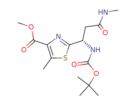 Molecular Structure of 348155-30-6 (4-Thiazolecarboxylic acid,
2-[(1S)-1-[[(1,1-dimethylethoxy)carbonyl]amino]-3-(methylamino)-3-oxo
propyl]-5-methyl-, methyl ester)