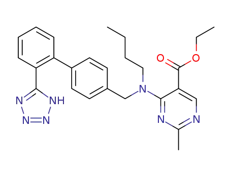 Molecular Structure of 141871-39-8 (5-Pyrimidinecarboxylic acid,
4-[butyl[[2'-(1H-tetrazol-5-yl)[1,1'-biphenyl]-4-yl]methyl]amino]-2-methyl-,
ethyl ester)