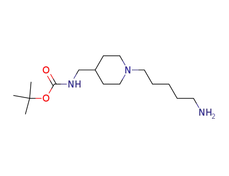 Molecular Structure of 173340-65-3 (Carbamic acid, [[1-(5-aminopentyl)-4-piperidinyl]methyl]-,
1,1-dimethylethyl ester)