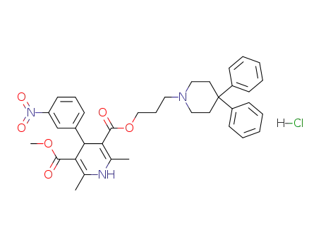Molecular Structure of 119934-51-9 (3,5-Pyridinedicarboxylicacid, 1,4-dihydro-2,6-dimethyl-4-(3-nitrophenyl)-,3-[3-(4,4-diphenyl-1-piperidinyl)propyl] 5-methyl ester, hydrochloride (1:1))
