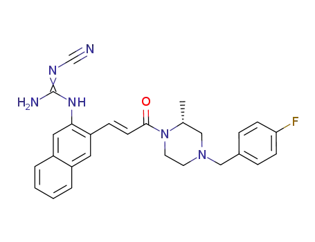 Molecular Structure of 685534-69-4 (Piperazine,
1-[(2E)-3-[3-[[(cyanoamino)iminomethyl]amino]-2-naphthalenyl]-1-oxo-2
-propenyl]-4-[(4-fluorophenyl)methyl]-2-methyl-, (2R)-)