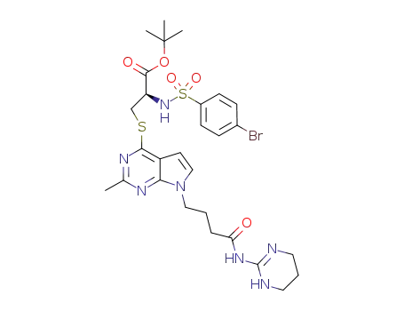 Molecular Structure of 393544-89-3 (L-Cysteine,
N-[(4-bromophenyl)sulfonyl]-S-[2-methyl-7-[4-oxo-4-[(1,4,5,6-tetrahydro-
2-pyrimidinyl)amino]butyl]-7H-pyrrolo[2,3-d]pyrimidin-4-yl]-,
1,1-dimethylethyl ester)