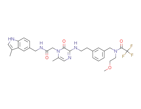 Molecular Structure of 259537-85-4 (2,2,2-Trifluoro-N-(2-methoxyethyl)-N-[3-(2-{[5-methyl-4-(2-{[(3-methyl-1H-indol-5-yl)methyl]amino}-2-oxoethyl)-3-oxo-3,4-dihydro-2-pyrazinyl]amino}ethyl)benzyl] acetamide)