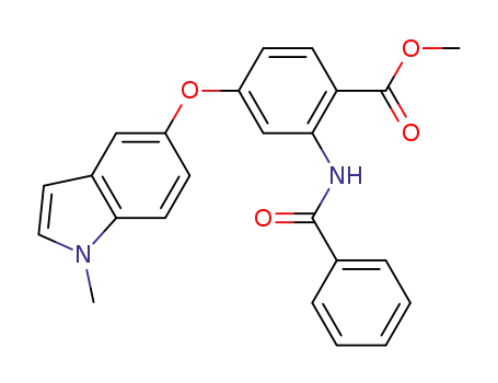 Molecular Structure of 890315-33-0 (Benzoic acid, 2-(benzoylamino)-4-[(1-methyl-1H-indol-5-yl)oxy]-, methyl
ester)
